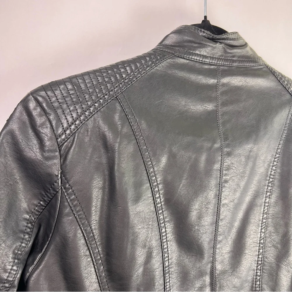 LA Coalition Black Moto Jacket, Faux Leather, Quilted, Zippered Pockets, Medium - Picture 10 of 12